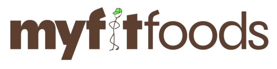 Logo of My Fit Foods with stylized text and a stick figure wearing a green cap.